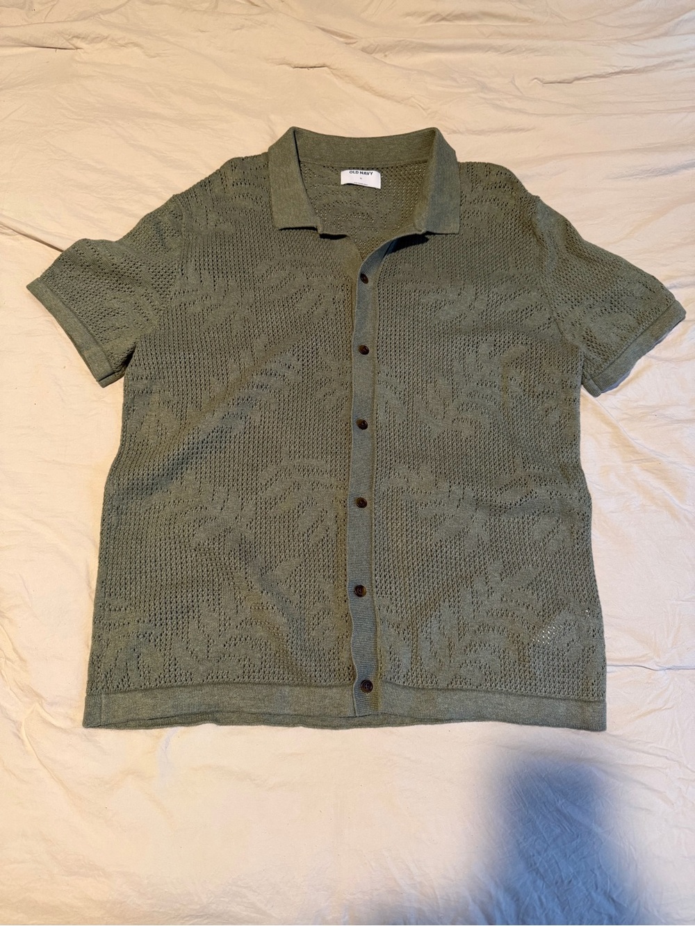 Old Navy Olive Green Knit Short-Sleeve Button-Down Shirt
